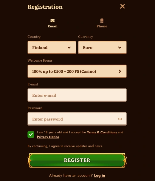 Register at WildRobin Casino